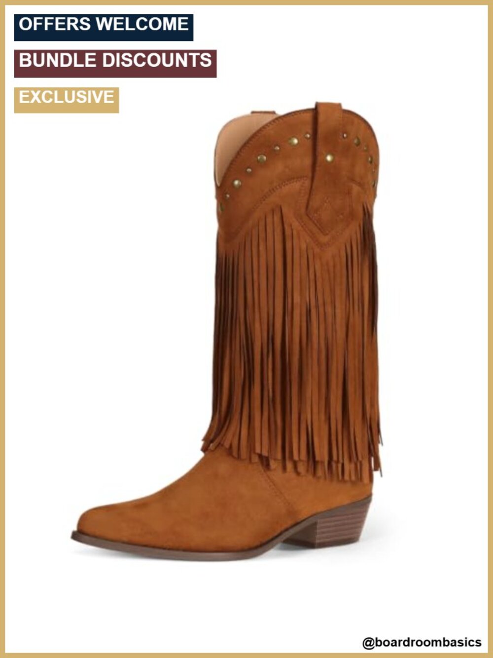 Coutgo Cowboy Boots for Women Mid Calf Fringe Chunky Heel Western Boots